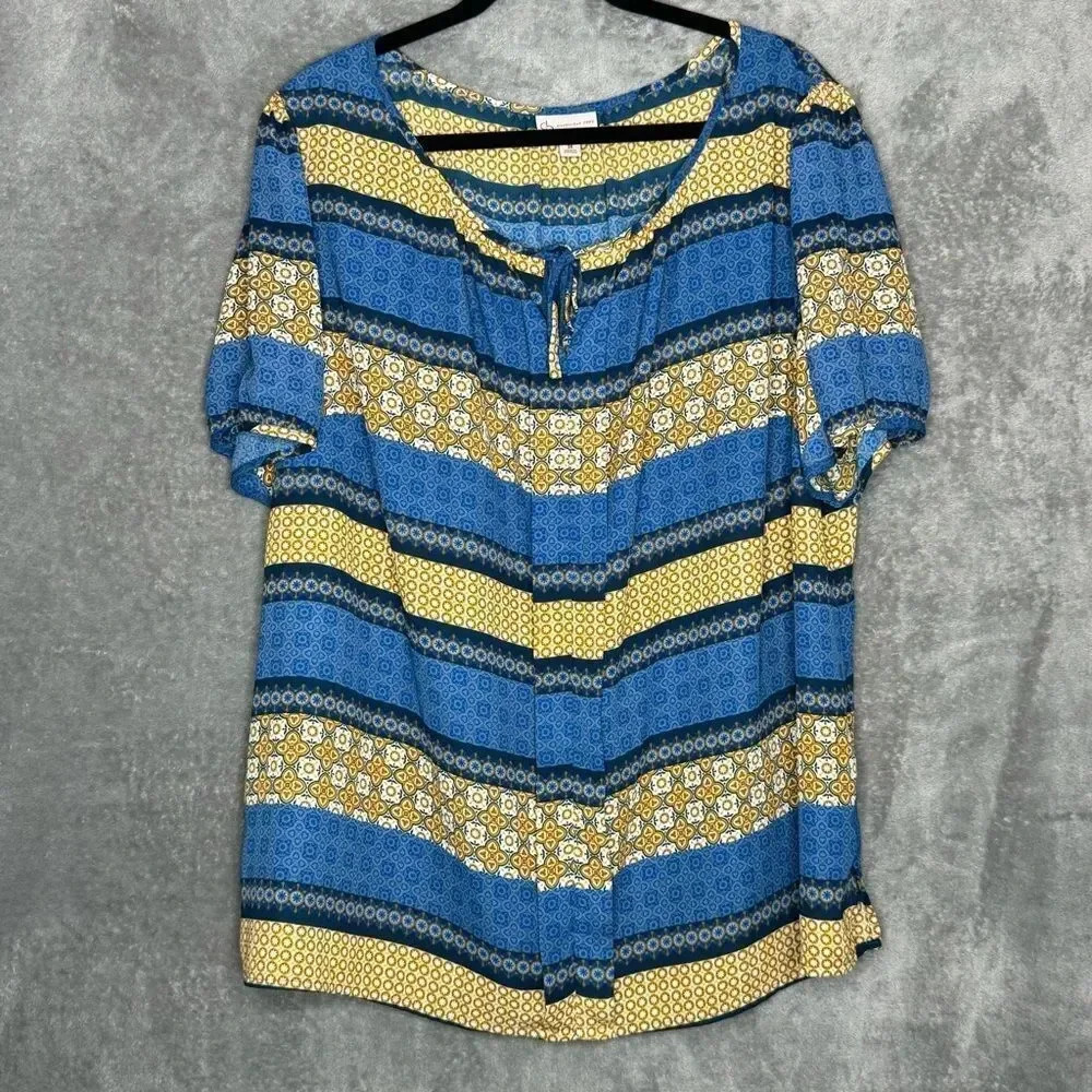 Dressbarn 3X Shirt Top Blue Striped Short Sleeve Keyhole Scoop Neck Sheer Casual